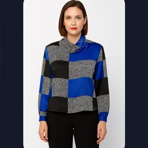 Vintage Lloyd Williams Blk/Blue Geometric Silky Blouse Women’s Size M